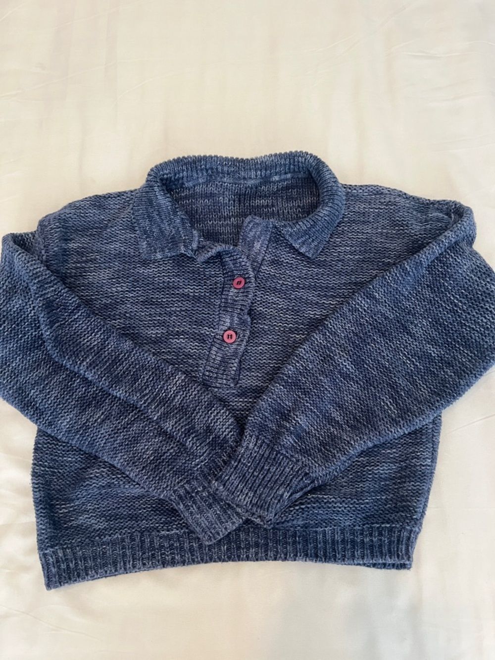 Vintage SzM Womens Cropped Blue Knit Polo Half Button long sleeve Sweater GVC